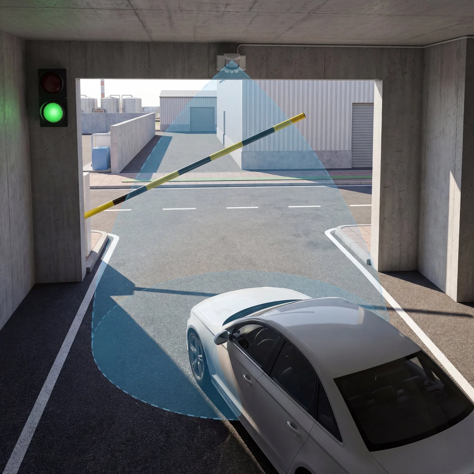 Overhead detection sensor with its detection cone covering a vehicle at a barrier gate