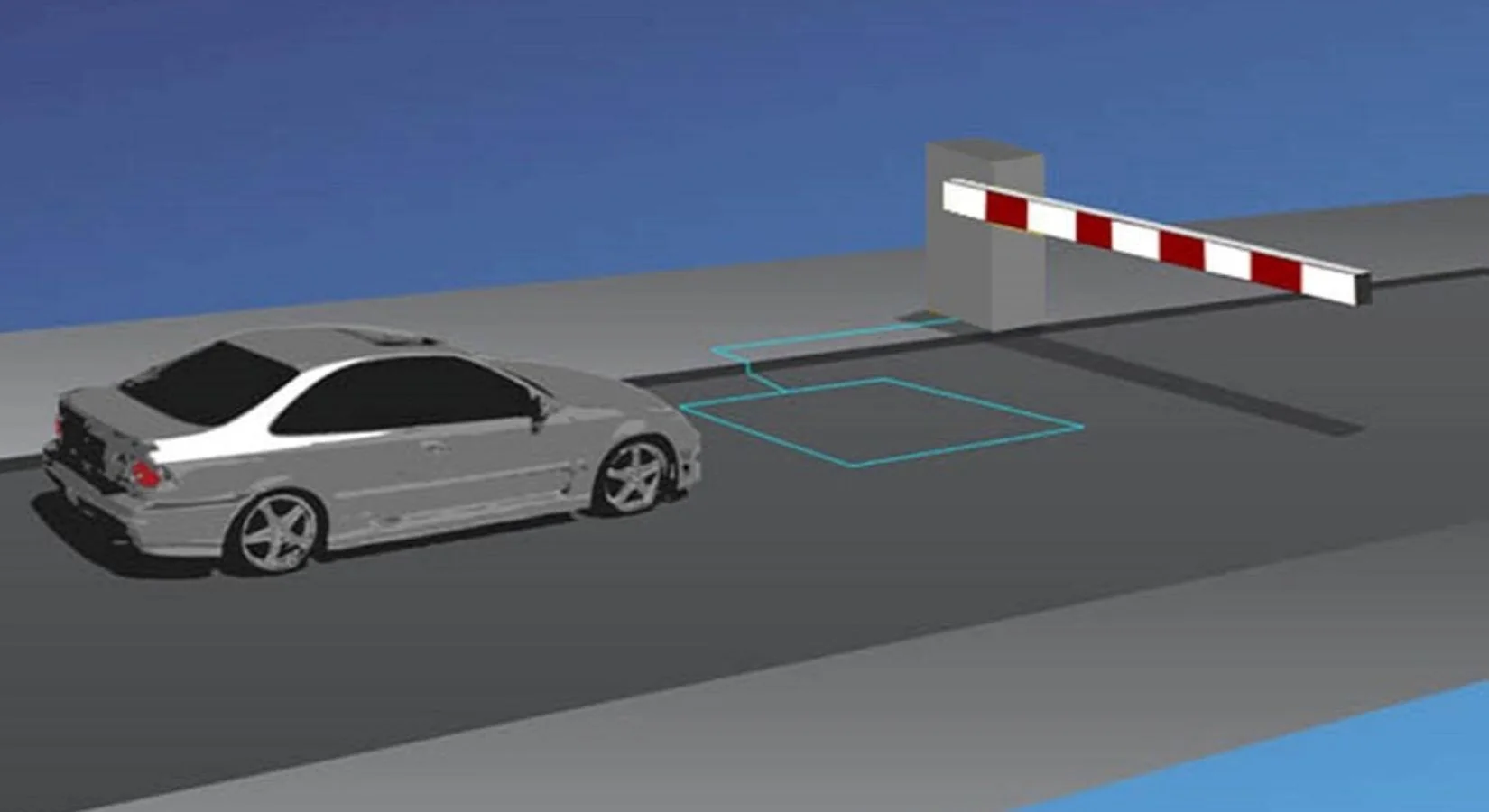 Diagram of a car approaching a barrier arm with the vehicle detection loop outlined in the pavement