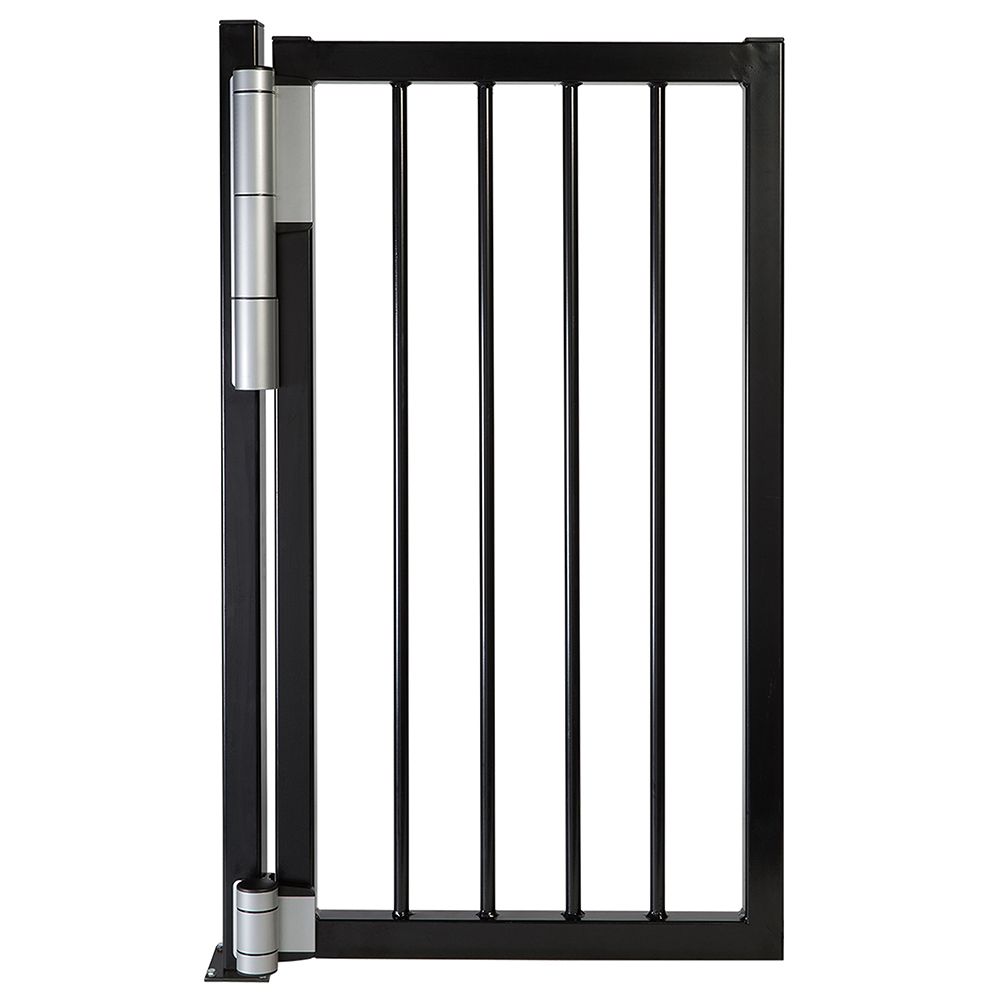 Black ornamental iron gate fitted with silver Locinox hydraulic self-closing hinges