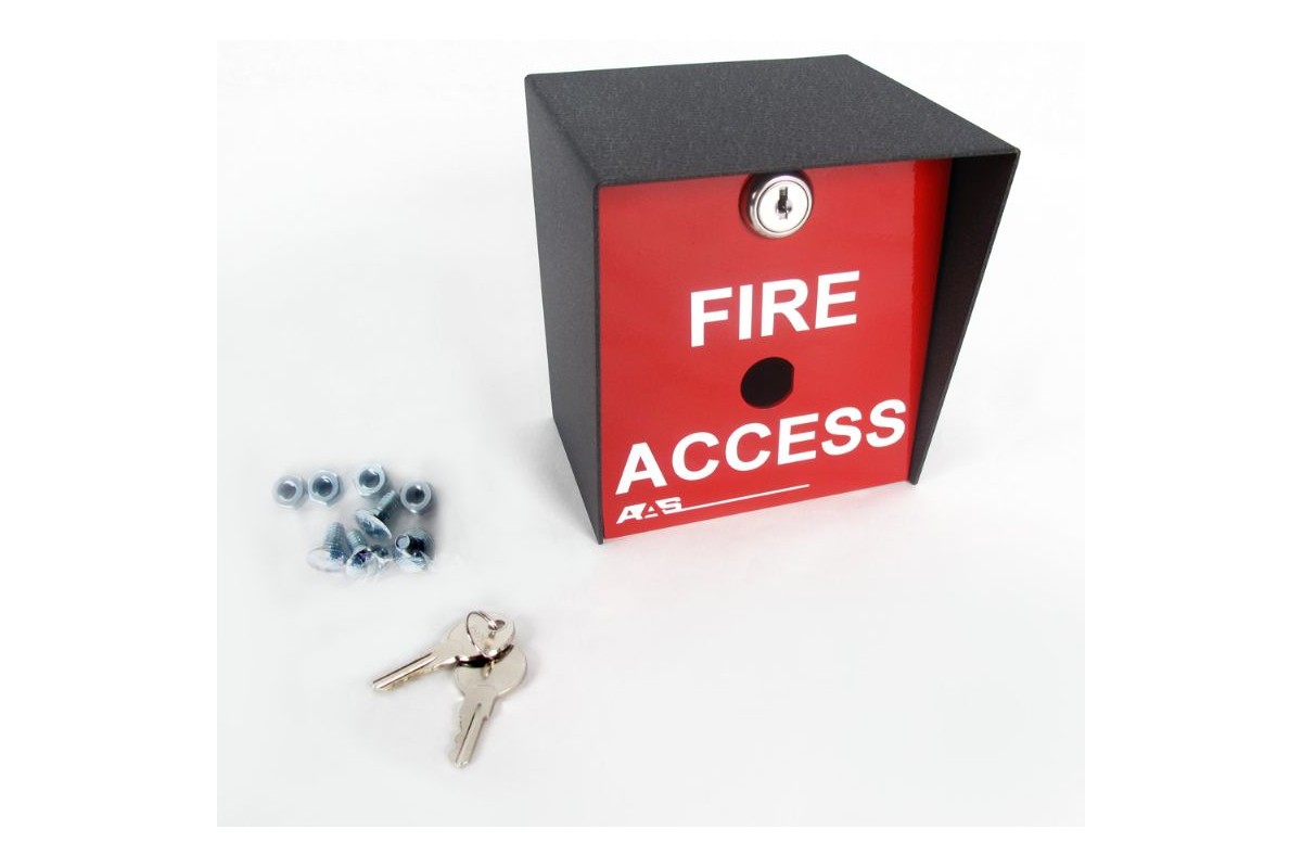 AAS red FIRE ACCESS key switch box with keys and mounting hardware, shown on a white background