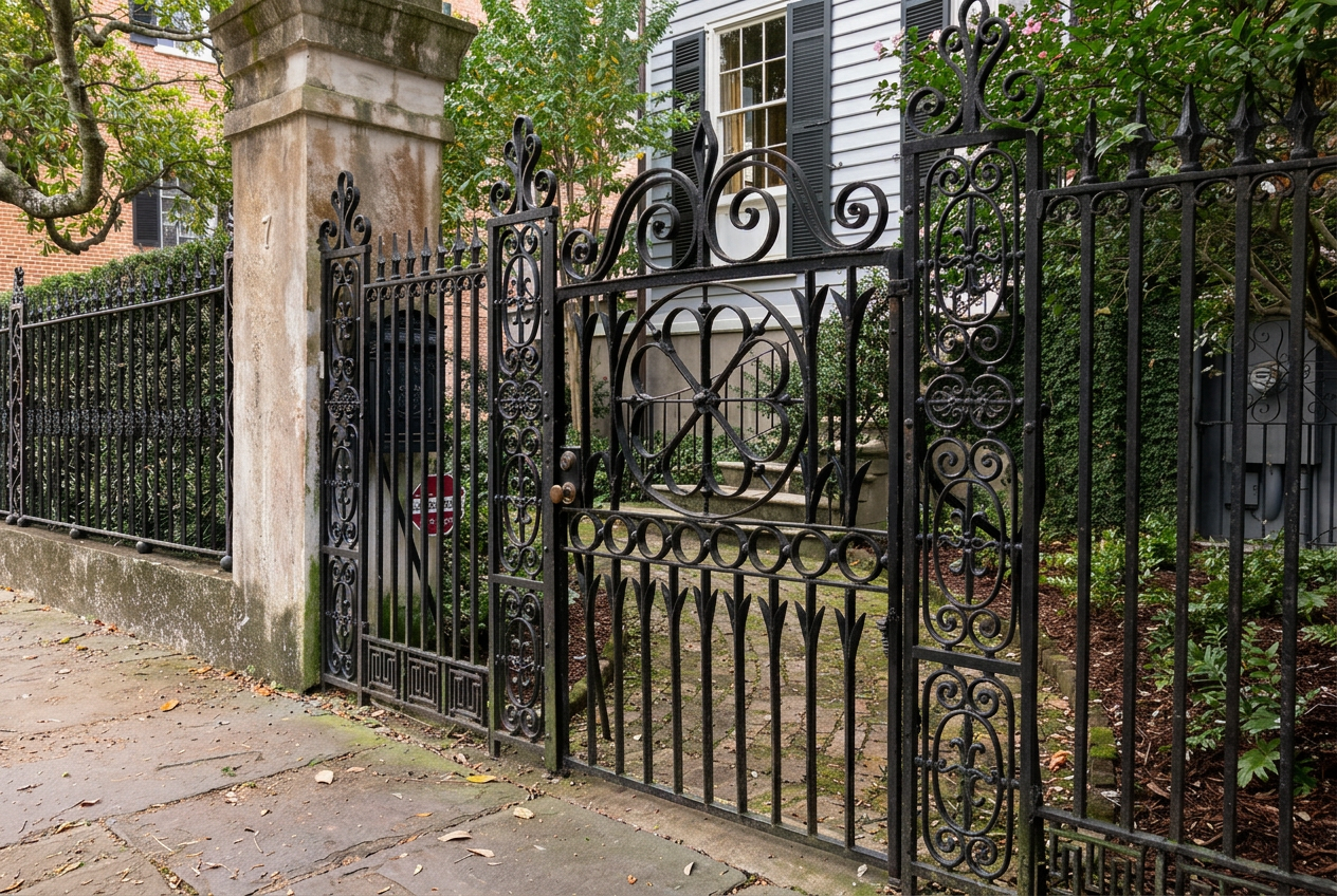Ornamental iron fence line along a landscaped property