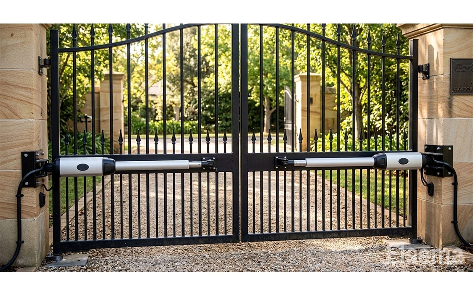 Apartment complex perimeter fence with an automated vehicle entry gate lit at dusk